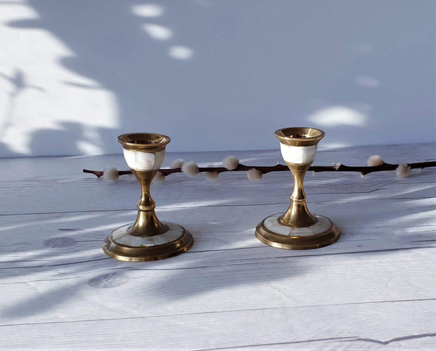 AnyesAttic Lighting Pair of 1960s - 70s Mother of Pearl and Brass Low Bougeoir Candlesticks