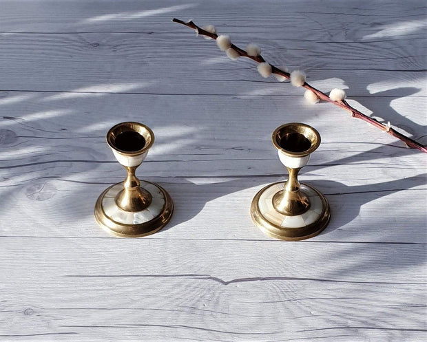 AnyesAttic Lighting Pair of 1960s - 70s Mother of Pearl and Brass Low Bougeoir Candlesticks