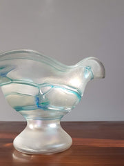 Poschinger Glass 1950s Bavarian Poschinger Art Nouveau Opal Iridescent, Blue and Green Threaded Footed Glass Bowl