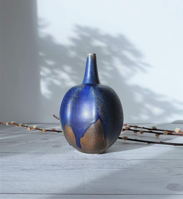 AnyesAttic Porcelain Reiner Gehrig, Grünstadt Studio, Matte Cedar, Sand and Blue Running Glaze Bottle Vase | 1970s