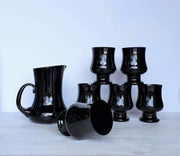 AnyesAttic Glass Riihimaen Lasi, Sesi Series by Erkkitapio Siiroinen, Black Cobalt Glass Pitcher Jug and 6 Cups, ‘70s