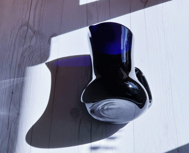 AnyesAttic Glass Riihimaen Lasi, Sesi Series by Erkkitapio Siiroinen, Black Cobalt Glass Pitcher Jug and 6 Cups, ‘70s