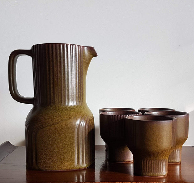 Rosenthal Ceramic Rosenthal Olive Green Ceramic Stoneware Pitcher Jug and 5 Tumbler Set | Stamped, 1970s, German