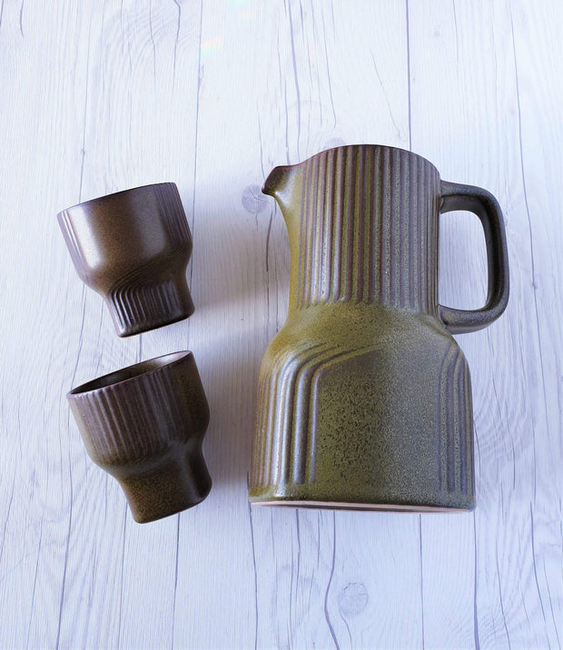 Rosenthal Ceramic Rosenthal Olive Green Ceramic Stoneware Pitcher Jug and 5 Tumbler Set | Stamped, 1970s, German