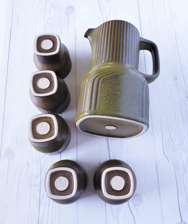 Rosenthal Ceramic Rosenthal Olive Green Ceramic Stoneware Pitcher Jug and 5 Tumbler Set | Stamped, 1970s, German