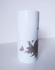 Rosenthal Porcelain Bjorn Wiinblad at Rosenthal Studio Line, Songbird in Silver and Gold Relief Cylinder Vase,1960s-70s