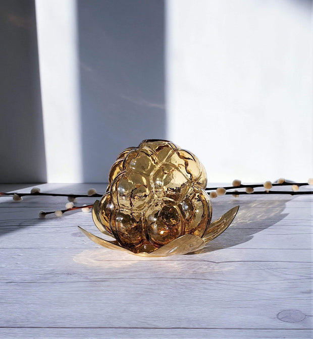 AnyesAttic Glass Rubus Series by Gunnar Muskos, 'Hjortron' Cloudberry Lantern, Amber Glass and Brass | Swedish, 1980s