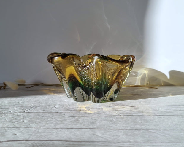 Sanyu Glassworks Glass Sanyu Glassworks Citrine Amber, Emerald Green and Silver Foil Japanese Art Glass Dish, 1960s-70s