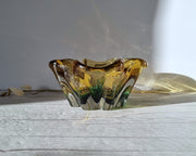 Sanyu Glassworks Glass Sanyu Glassworks Citrine Amber, Emerald Green and Silver Foil Japanese Art Glass Dish, 1960s-70s