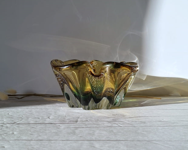 Sanyu Glassworks Glass Sanyu Glassworks Citrine Amber, Emerald Green and Silver Foil Japanese Art Glass Dish, 1960s-70s