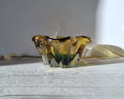 Sanyu Glassworks Glass Sanyu Glassworks Citrine Amber, Emerald Green and Silver Foil Japanese Art Glass Dish, 1960s-70s