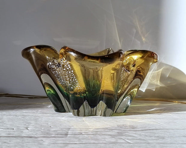 Sanyu Glassworks Glass Sanyu Glassworks Citrine Amber, Emerald Green and Silver Foil Japanese Art Glass Dish, 1960s-70s