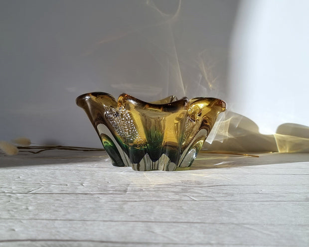 Sanyu Glassworks Glass Sanyu Glassworks Citrine Amber, Emerald Green and Silver Foil Japanese Art Glass Dish, 1960s-70s