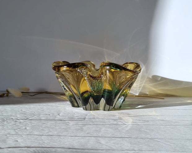 Sanyu Glassworks Glass Sanyu Glassworks Citrine Amber, Emerald Green and Silver Foil Japanese Art Glass Dish, 1960s-70s