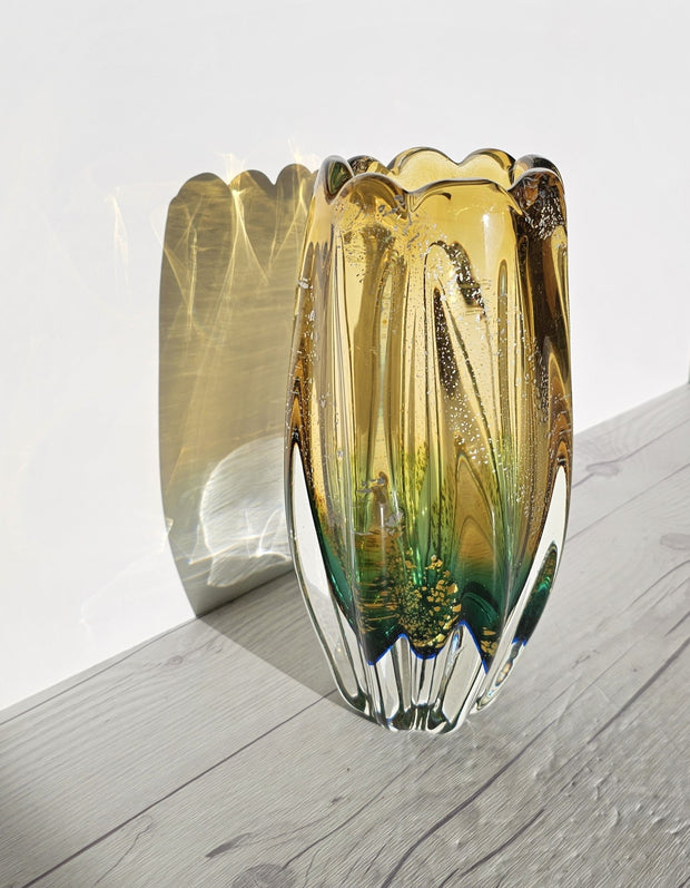 Sanyu Glassworks Citrine Amber, Emerald Green with Gold and Silver Avventurine Vase, 1960s-70s Glass Sanyu Glassworks 