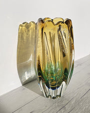 Sanyu Glassworks Citrine Amber, Emerald Green with Gold and Silver Avventurine Vase, 1960s-70s Glass Sanyu Glassworks 