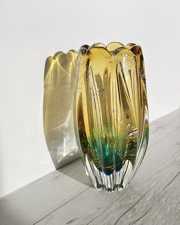 Sanyu Glassworks Citrine Amber, Emerald Green with Gold and Silver Avventurine Vase, 1960s-70s Glass Sanyu Glassworks 