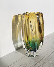 Sanyu Glassworks Citrine Amber, Emerald Green with Gold and Silver Avventurine Vase, 1960s-70s Glass Sanyu Glassworks 