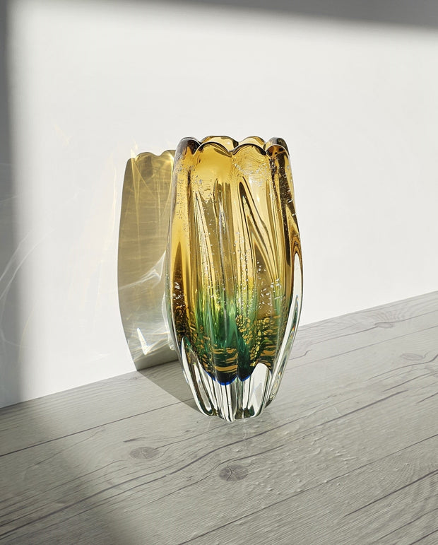 Sanyu Glassworks Citrine Amber, Emerald Green with Gold and Silver Avventurine Vase, 1960s-70s Glass Sanyu Glassworks 