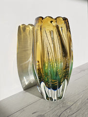 Sanyu Glassworks Citrine Amber, Emerald Green with Gold and Silver Avventurine Vase, 1960s-70s Glass Sanyu Glassworks 