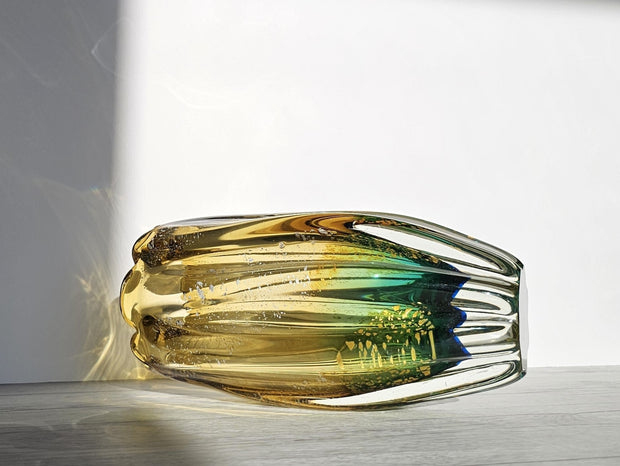 Sanyu Glassworks Citrine Amber, Emerald Green with Gold and Silver Avventurine Vase, 1960s-70s Glass Sanyu Glassworks 