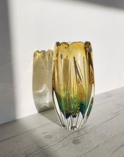 Sanyu Glassworks Citrine Amber, Emerald Green with Gold and Silver Avventurine Vase, 1960s-70s Glass Sanyu Glassworks 