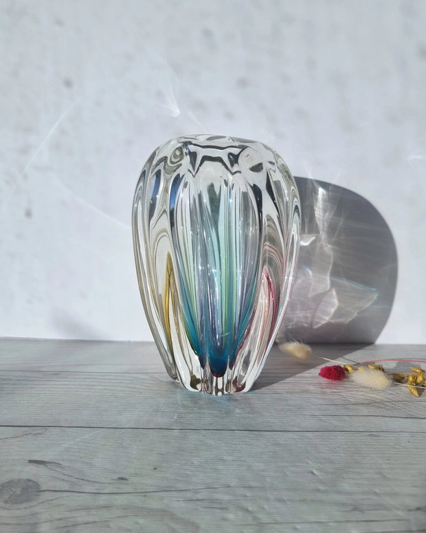 Narumi Glass Glass Sanyu Glassworks Narumi Fantasy Series Rainbow Sommerso Abstract Cacao Pod Vase, 60s-70s, Labelled