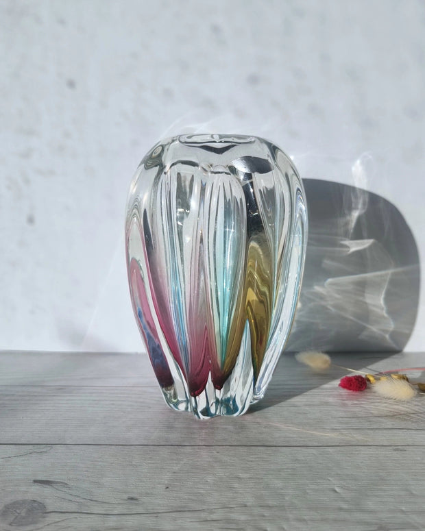 Narumi Glass Glass Sanyu Glassworks Narumi Fantasy Series Rainbow Sommerso Abstract Cacao Pod Vase, 60s-70s, Labelled