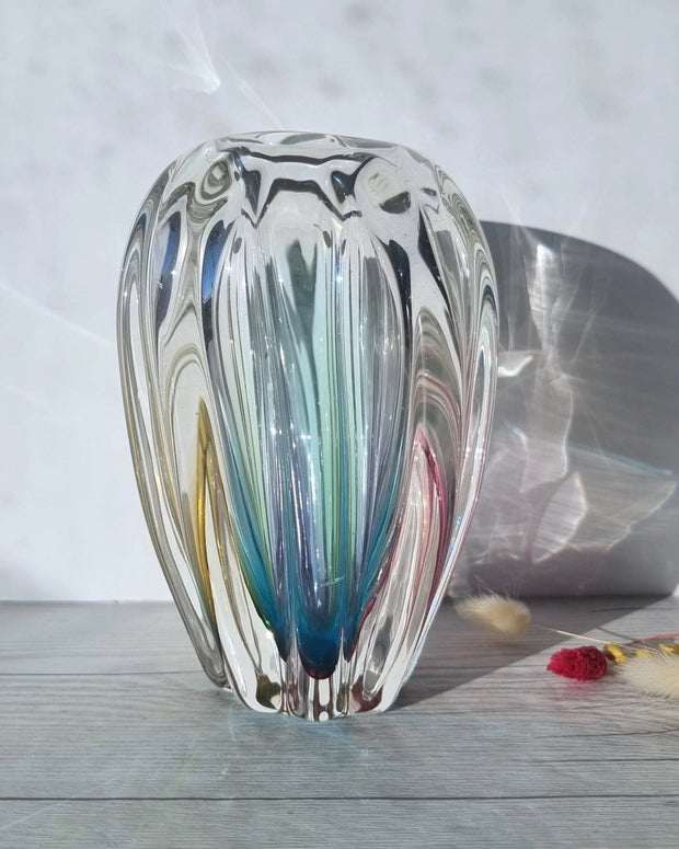 Narumi Glass Glass Sanyu Glassworks Narumi Fantasy Series Rainbow Sommerso Abstract Cacao Pod Vase, 60s-70s, Labelled