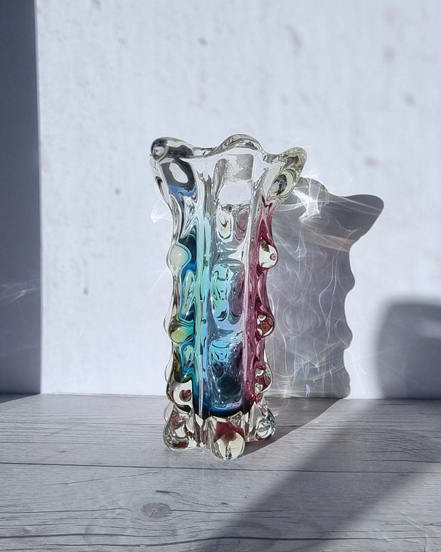 Narumi Glass Glass Sanyu Glassworks Narumi Fantasy Series Rainbow Sommerso Controlled Trails Statement Vase, 60s-70s