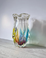 Narumi Glass Glass Sanyu Glassworks Narumi Fantasy Series Rainbow Sommerso Gathered Pleats Statement Vase, 60s-70s