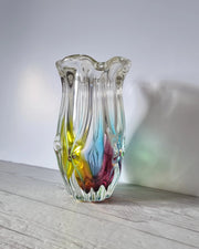 Narumi Glass Glass Sanyu Glassworks Narumi Fantasy Series Rainbow Sommerso Gathered Pleats Statement Vase, 60s-70s