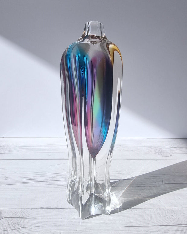 Narumi Glass Glass Sanyu Glassworks Narumi Fantasy Series att. Rainbow Sommerso Handblown Abstract Bottle Vase, 1970s