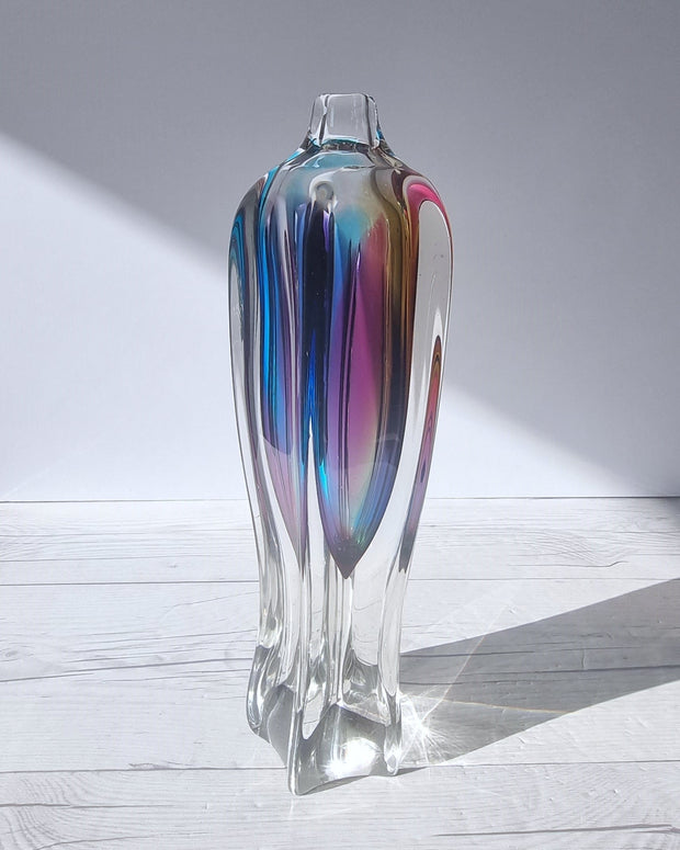 Narumi Glass Glass Sanyu Glassworks Narumi Fantasy Series att. Rainbow Sommerso Handblown Abstract Bottle Vase, 1970s