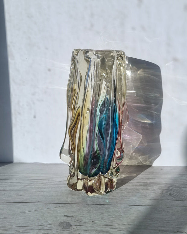 Sanyu Glassworks Narumi Fantasy Series Rainbow Sommerso Trailing Rain Statement Vase, 60s-70s Glass Narumi Glass 