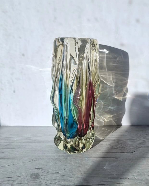 Narumi Glass Glass Sanyu Glassworks Narumi Fantasy Series Rainbow Sommerso Trailing Rain Statement Vase, 60s-70s