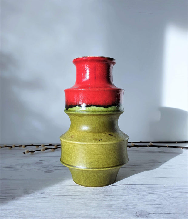 AnyesAttic Ceramic Scheurich 'Pagoda' Raspberry Red and Deep Chartreuse Green Pop Art Ceramic Vase, 1970s, West German