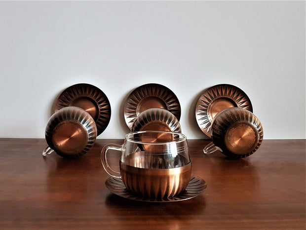 Schott & Gen Mainz Metals Collectors: 1960s West German Schott & Gen Mainz, Modernist Copper and Jenaer Glass Tea Set for 4