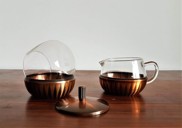 Schott & Gen Mainz Metals Collectors: 1960s West German Schott & Gen Mainz, Modernist Copper and Jenaer Glass Tea Set for 4