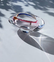 AnyesAttic Glass Skrdlovice Czech Sculpted Art Glass Dish, 1960s, Jan Beranek, Clear with Blue, Pink and Yellow