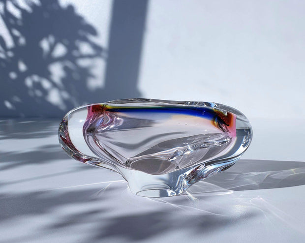 AnyesAttic Glass Skrdlovice Czech Sculpted Art Glass Dish, 1960s, Jan Beranek, Clear with Blue, Pink and Yellow