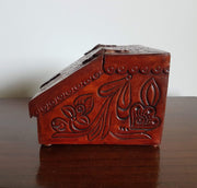 South American Folk Art Storage 1970s Columbian Leather on Wood Handmade Desk Organiser / Jewellery / Trinket Box