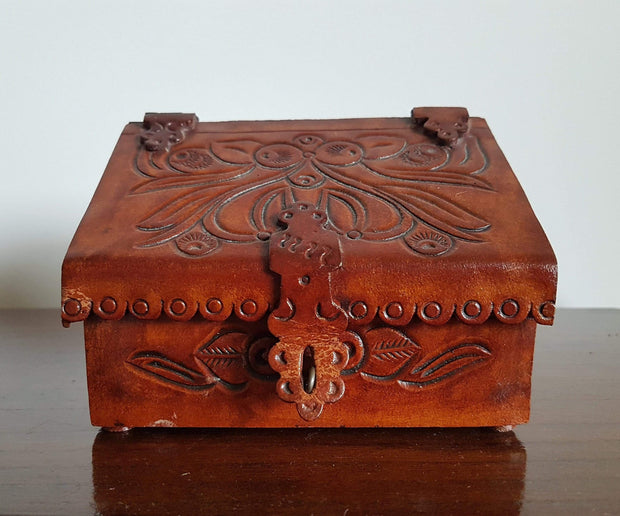 South American Folk Art Storage 1970s Columbian Leather on Wood Handmade Desk Organiser / Jewellery / Trinket Box