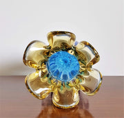 Studio Glass Glass 1970s Japanese Bohemian Cobalt Blue and Citrine Yellow Biomorphic Art Glass, Tulip Cased Glass Vase
