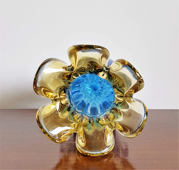 Studio Glass Glass 1970s Japanese Bohemian Cobalt Blue and Citrine Yellow Biomorphic Art Glass, Tulip Cased Glass Vase