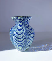 Studio Glass Glass 1980s Studio Fenecio Pulled Feathers Pale Mint Green and Cobalt Blue Baluster Art Glass Vase