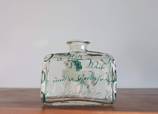 Studio Glass Glass Antique 1850s Central European Biedermeier Period Handpainted Decor and Glass Bottle / Decanter