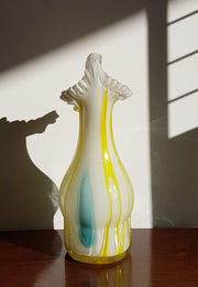 Studio Glass Glass Antique Victorian Era Trial Sommerso Ruffle Rim White, Blue and Yellow Jack in the Pulpit Glass Vase