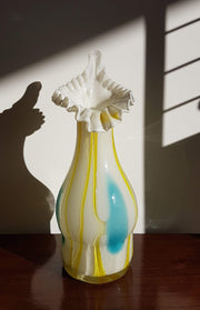 Studio Glass Glass Antique Victorian Era Trial Sommerso Ruffle Rim White, Blue and Yellow Jack in the Pulpit Glass Vase