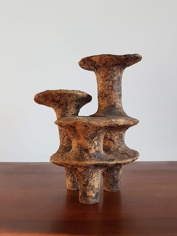 Studio Pottery Ceramic 1960s Mid Century Brutalist Studio Stoneware Pale Brown and Black Mushroom / Chimney Sculpture